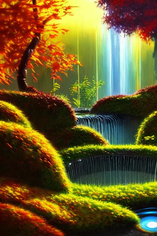 Prompt: futuristic garden glowing in autumn, marble fountains, small waterfalls, ecosystem, electronic bumblebees, 1 9 8 0 s science fiction, 1 9 7 0 s science fiction, alien 1 9 7 9, cyberpunk, 3 d oil painting, depth perception, 4 k, artstation