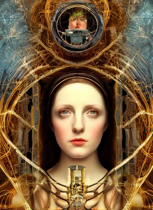 Image similar to symmetrical renaissance painting of android woman covered by plants and crystalsin the mystical forest, beautiful symmetrical face, wires and cords, golden steampunk, retro futurism, sci - fi, filigree jewellery, baroque, cinematic light, mystical shadows, 8 k