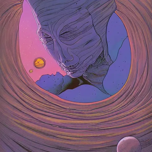 Image similar to Into darkest cosmos alien planet traveler ,painting of Moebius