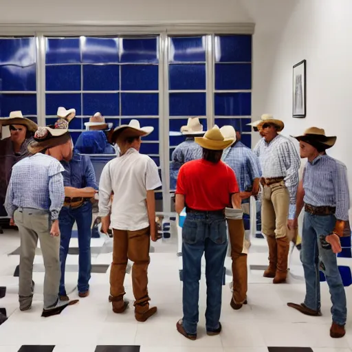 Prompt: many cowboys wearing shorts standing in a room with white tile walls