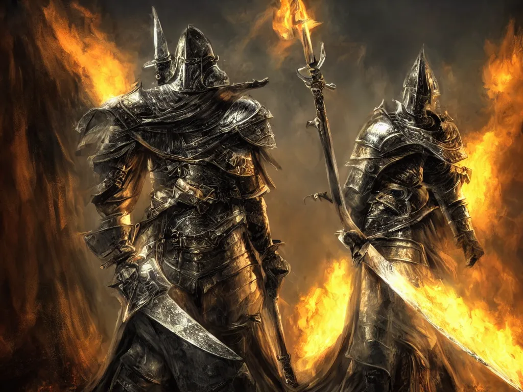 Image similar to warrior of death with big sword and shining armor standing and looking down, out of his back is coming white smoke, in the style of dark souls, conzept art