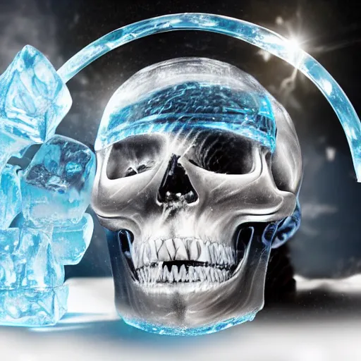 Prompt: a robotic skull encased in frozen ice cube