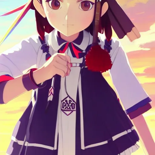 Image similar to a beautiful! boyish! natalie portman model, wearing catholic school girl outfit with mayan pattern and native style, aztec street fashion, guilty gear art direction, gapmoe yandere grimdark, trending on pixiv fanbox, painted by greg rutkowski makoto shinkai takashi takeuchi studio ghibli, akihiko yoshida