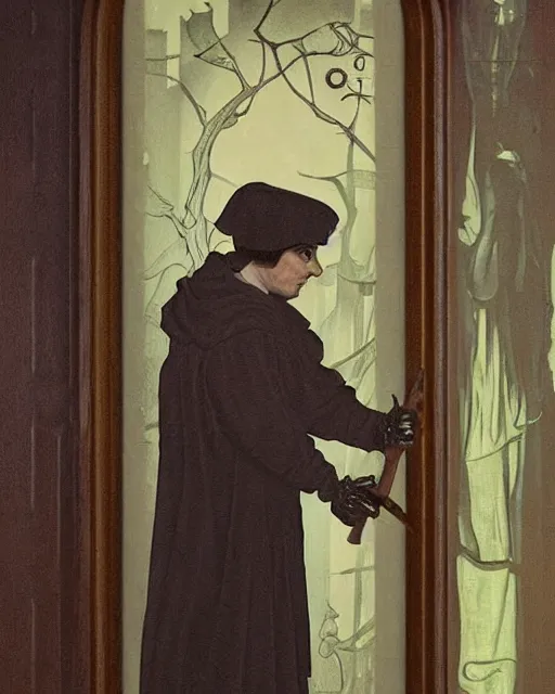 Prompt: A painting of Martin Luther holding a mallet and nailing a paper-skeleton Halloween decoration to the door of a suburban home, in the styles of Ferdinand Pauwels, Greg Rutkowski, Alphonse Mucha, and Tim Burton, intricate, hyperrealistic, accurate facial details, volumetric lighting