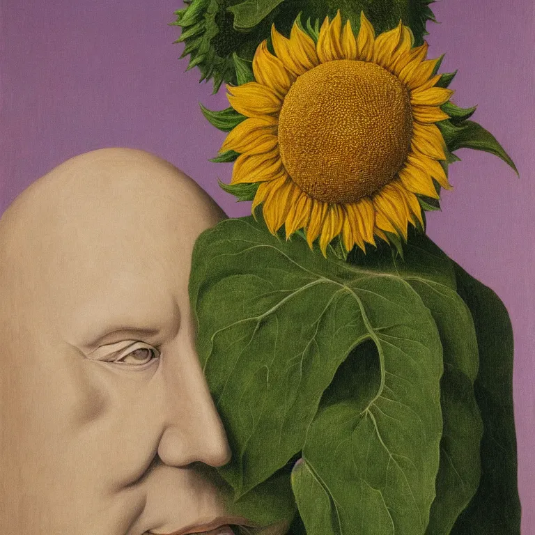 Image similar to portrait of a faceless sunflower - head man by rene magritte, detailed painting, distance, centered, hd, hq, high resolution, high detail, 4 k, 8 k