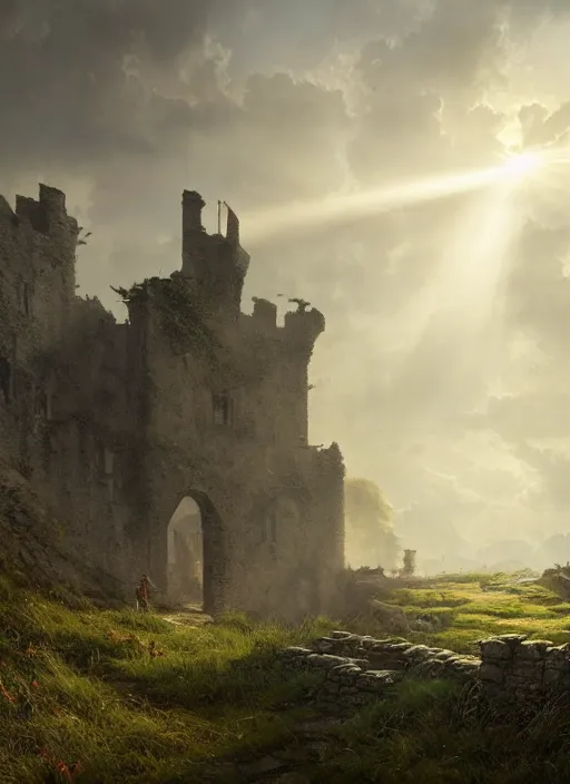 Image similar to a ruined medieval castle, mist, sunrays, dust in the air, dnd character, unreal engine, octane render, dramatic lighting, pond, digital art, by stanley artgerm lau, greg rutkowski, thomas kindkade, alphonse mucha, loish, norman rockwell,