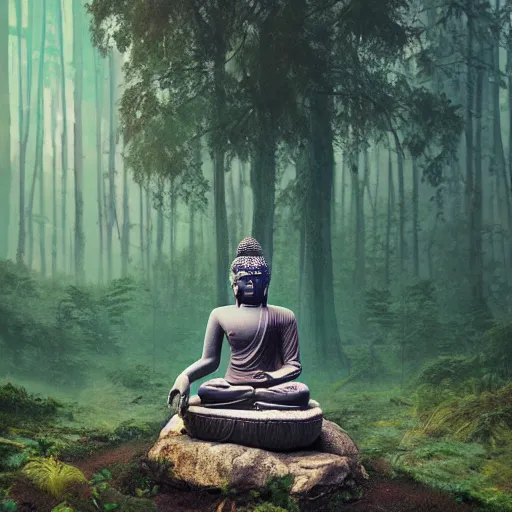 Image similar to a buddha statue sitting in the middle of a forest, cyberpunk art by Mike Winkelmann, trending on cgsociety, metaphysical painting, tesseract, mystical ::