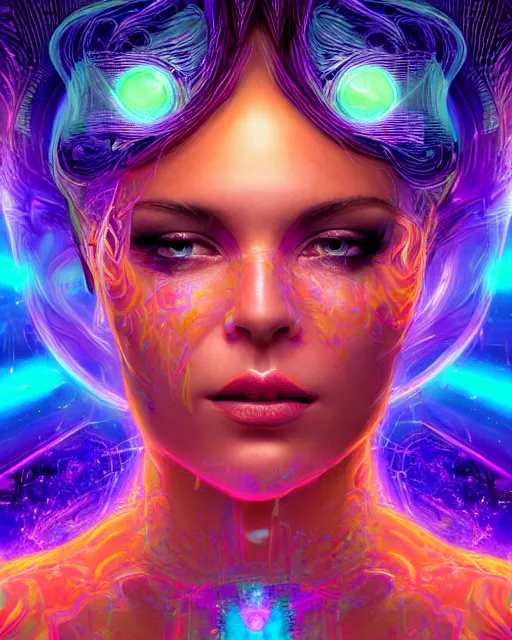 Prompt: a powerful energy psychedelic matrix goddess, by alexander fedosav, hyper detailed digital matte painting, concept art, hyperrealism, 1 6 k resolution, cinema 4 d, 8 k resolution, trending on artstation, behance hd, a masterpiece, by stephan martiniere, particles, cel - shaded, power bright neon energy, by david a. hardy,
