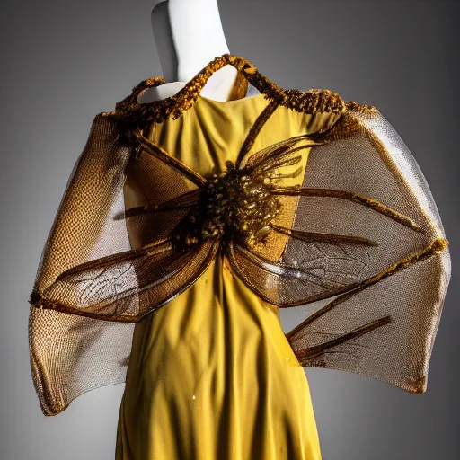 Image similar to a beautiful dress made of a real bee hive, on a mannequin. high resolution, studio lighting, closeup