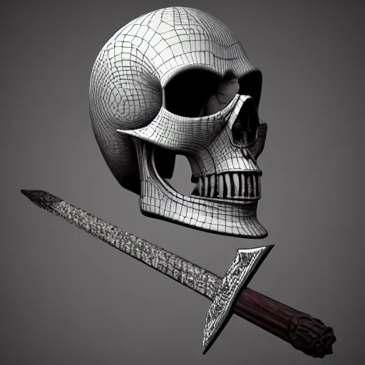 Image similar to a black sword skull handle, ornament, weapon, a 3 d render by dom qwek, studio lighting, front side view, trending on polycount, hard surface modeling, rendered in maya, 3 ds max, blender, artstation hd, vray