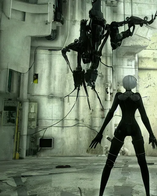 Image similar to film still 2 b nier automata from the video game half life ( 1 9 9 8 ). photographic, photography