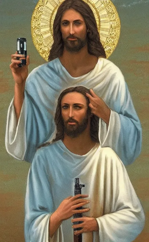 Image similar to jesus holding a vape