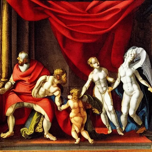 Image similar to royal family during an argument, michelangelo, ultra detailed, dynamic light