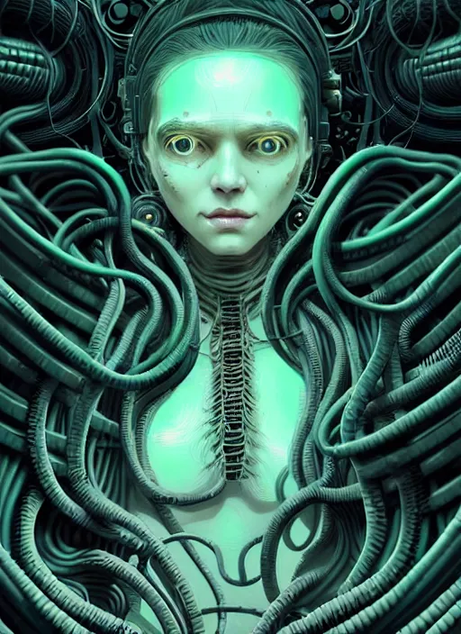 Image similar to highly detailed portrait of a biopunk long curly white hair tribal lady, stray wiring by atey ghailan, james gilleard, by joe fenton, by greg rutkowski, by greg tocchini, by kaethe butcher, 4 k resolution, gradient green, black and white color scheme!!! ( ( irradiated robotic cavern background ) )