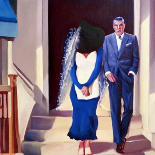 Image similar to an oil painting from a scene containing cary grant and kate hepburn in ‘ the philadelphia story. ’