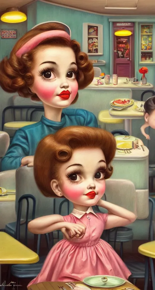 Image similar to closeup profile portrait of a 1 9 5 0 s diner, nicoletta ceccoli, mark ryden, lostfish, max fleischer, hyper realistic, artstation, illustration, digital paint, matte paint, vivid colors, bright, cheerful, detailed and intricate environment