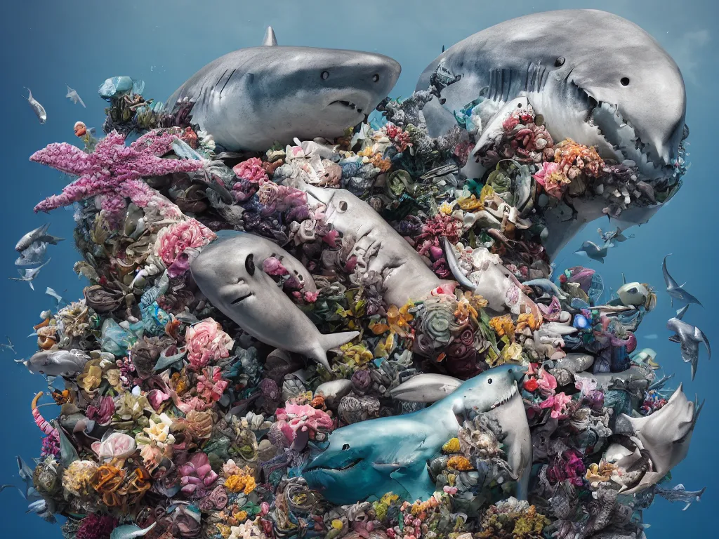 Image similar to a sculpture of ocean shark intertwined, a lovely cornucopia of flowers and human body parts, body parts, highly detailed, octane render, cinematic, shock, sharp focus