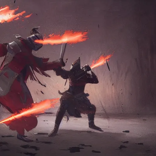 Image similar to A fierce duel between two knights on a battlefield, by Greg Rutkowski, cinematic