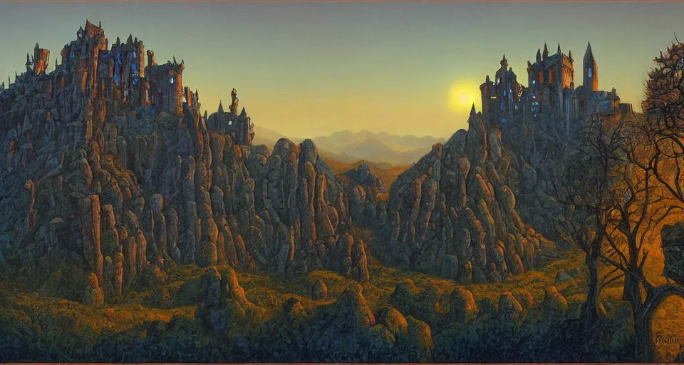 Image similar to haunted castle in a hill next to a giant valley, sunrise by gerald brom