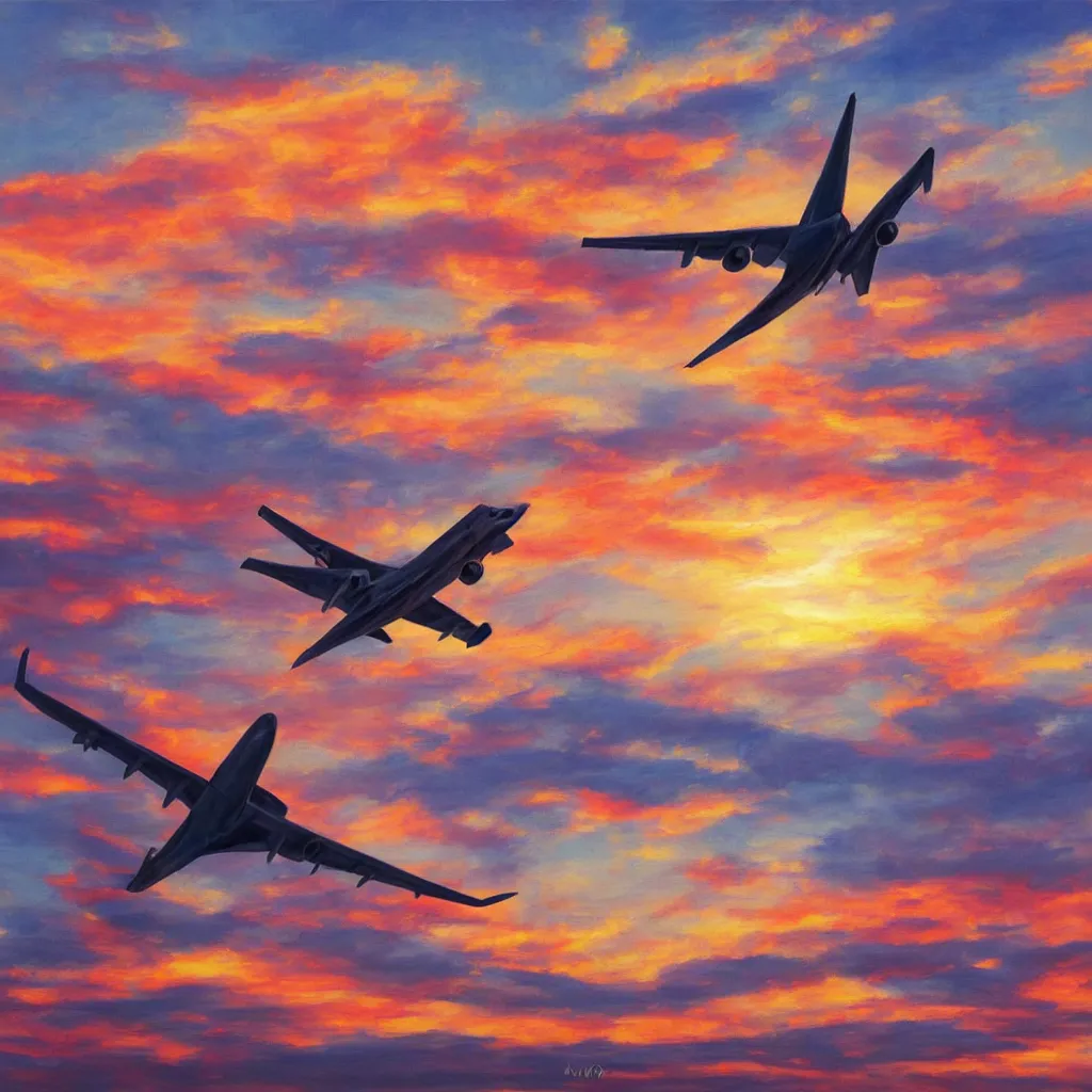 Image similar to Photorealistic painting of a plane flying straight into World Trade Center with a beautiful sunset in the background