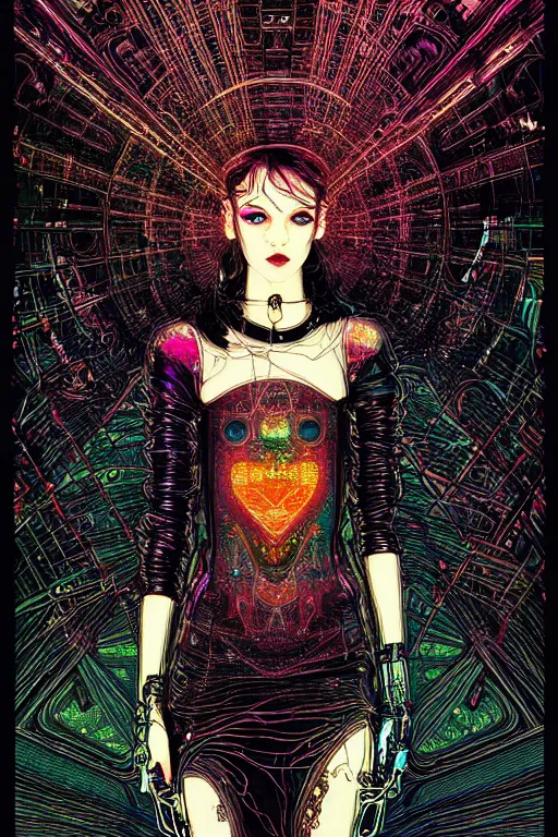 Image similar to dreamy cyberpunk girl, abstract black leather, digital nodes, beautiful woman, detailed acrylic, grunge, intricate complexity, by dan mumford and by harry clarke, peter lindbergh