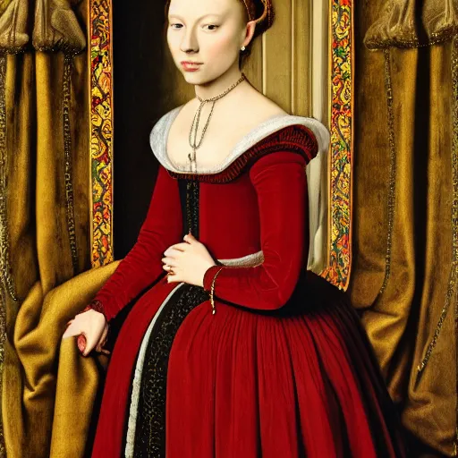 Prompt: a highly detailed portrait of taylor swift, wearing elegant tudor clothes, inside a room with thick red tapestries, oil painting by hans holbein and alessandro allori and richard burbage