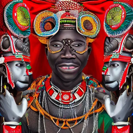 Prompt: highly detailed painting of the oba of benin surrounded by masquerades, fantasy, 8 k, realistic, symmetrical, digital illustration,