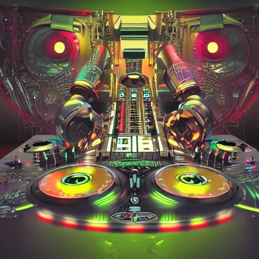 Image similar to album art, name is roborock, 3 steampunk futuristic robots on a dj desk with a cd mixer, 8 k, flourescent colors, halluzinogenic, multicolored, exaggerated detailed, front shot, 3 d render, octane