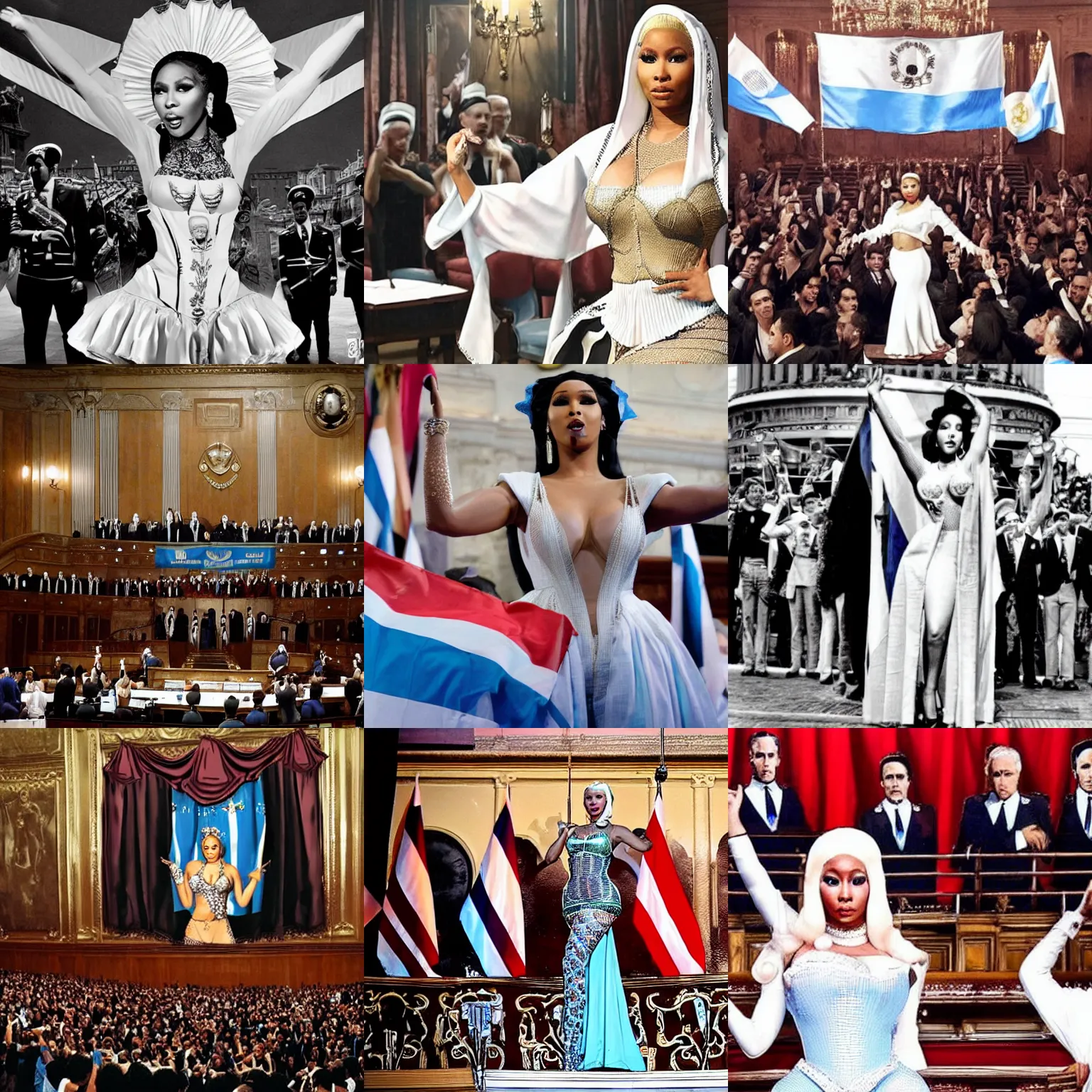 Prompt: Nicki Minaj as Evita, Peronista, in the Argentine Congress, flags of Argentina behind, detailed picture