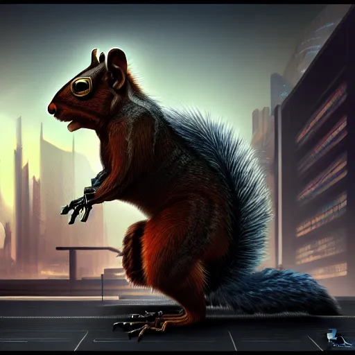 Image similar to a highly detailed long shot photo, cyberpunk giant rabid squirrel, intricate, digital painting, artstation, intricate, concept art, smooth, sharp focus