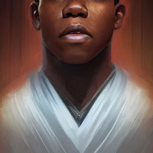 Image similar to portrait of a man by greg rutkowski, young jedi kinght that looks like john boyega, wearing jedi robes, star wars expanded universe, he is about 3 0 years old, highly detailed portrait, digital painting, artstation, concept art, smooth, sharp foccus ilustration, artstation hq