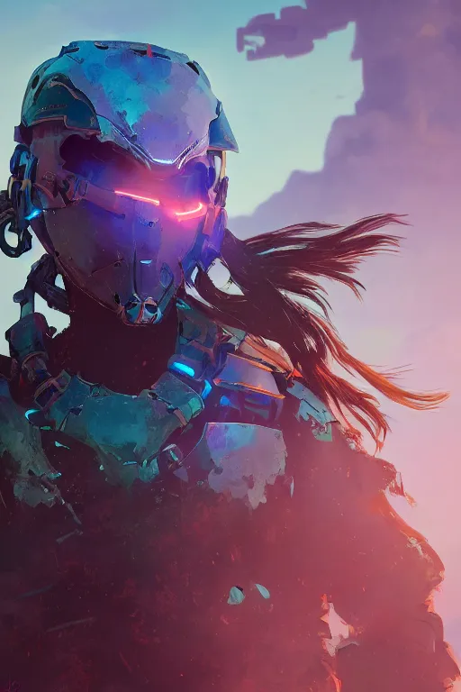 Image similar to combination suit armor aloy horizon forbidden west horizon zero dawn radiating a glowing aura global illumination ray tracing hdr fanart arstation by ian pesty and alena aenami artworks in 4 k tribal robot ninja mask helmet backpack