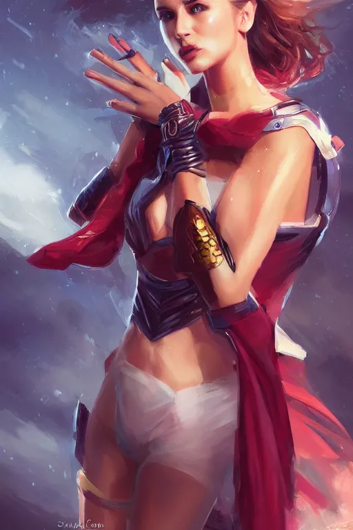 Image similar to three quarters portrait of a beautiful woman,super hero costume,heroic pose,highly detailed, digital painting,illustration, art by Stanley Lau