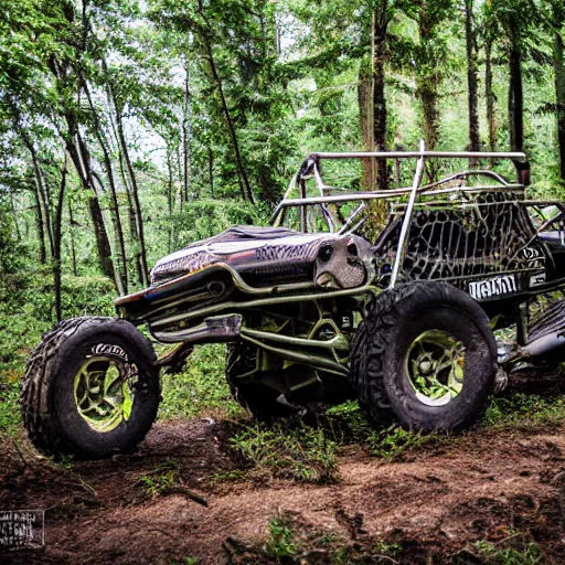 Image similar to off road buggy in the forest, driver is smilimg, artstatiom, 4 k, incredibly detailed