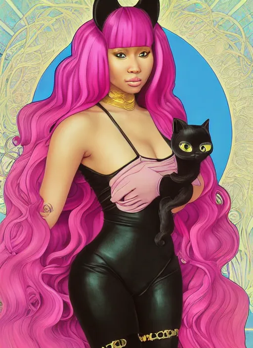 Image similar to nicki minaj in a cat suit with long curly pink hair, path traced, highly detailed, high quality, digital painting, by studio ghibli and alphonse mucha, leesha hannigan, makoto shinkai, disney