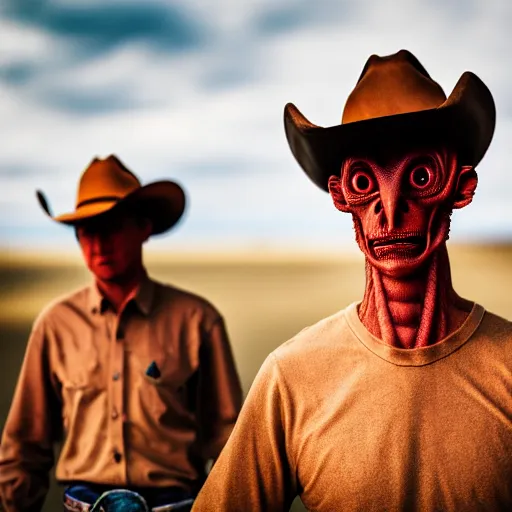 Prompt: alien cowboys, close-up portrait, Canon EOS R3, f/1.4, ISO 200, 1/160s, 8K, RAW, unedited, symmetrical balance, in-frame