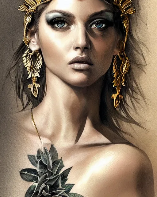 Image similar to realism tattoo sketch of beautiful super model aphrodite greek goddess wearing a gold laurel wreath and triangle earrings,, beautiful piercing gaze with sharp pupils, beautiful blonde hair, in the style of greg rutkowski, fantasy, amazing detail, epic, elegant, smooth, sharp focus, front view