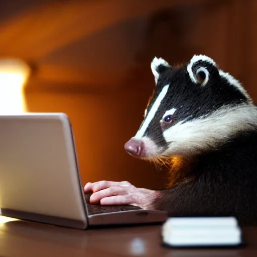 Prompt: badger sitting at a computer and drinking a beer!!!!!! professional photography, artistic lighting