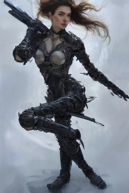 Prompt: professional portrait of female an cryogenic assassin in a dynamic pose , armor elements , long dark hair, beautiful bone structure, symmetrical facial features, intricate, elegant, digital painting, concept art, smooth, sharp focus, illustration, by Ruan Jia and Mandy Jurgens , and mucha, and Artgerm and William-Adolphe Bouguerea