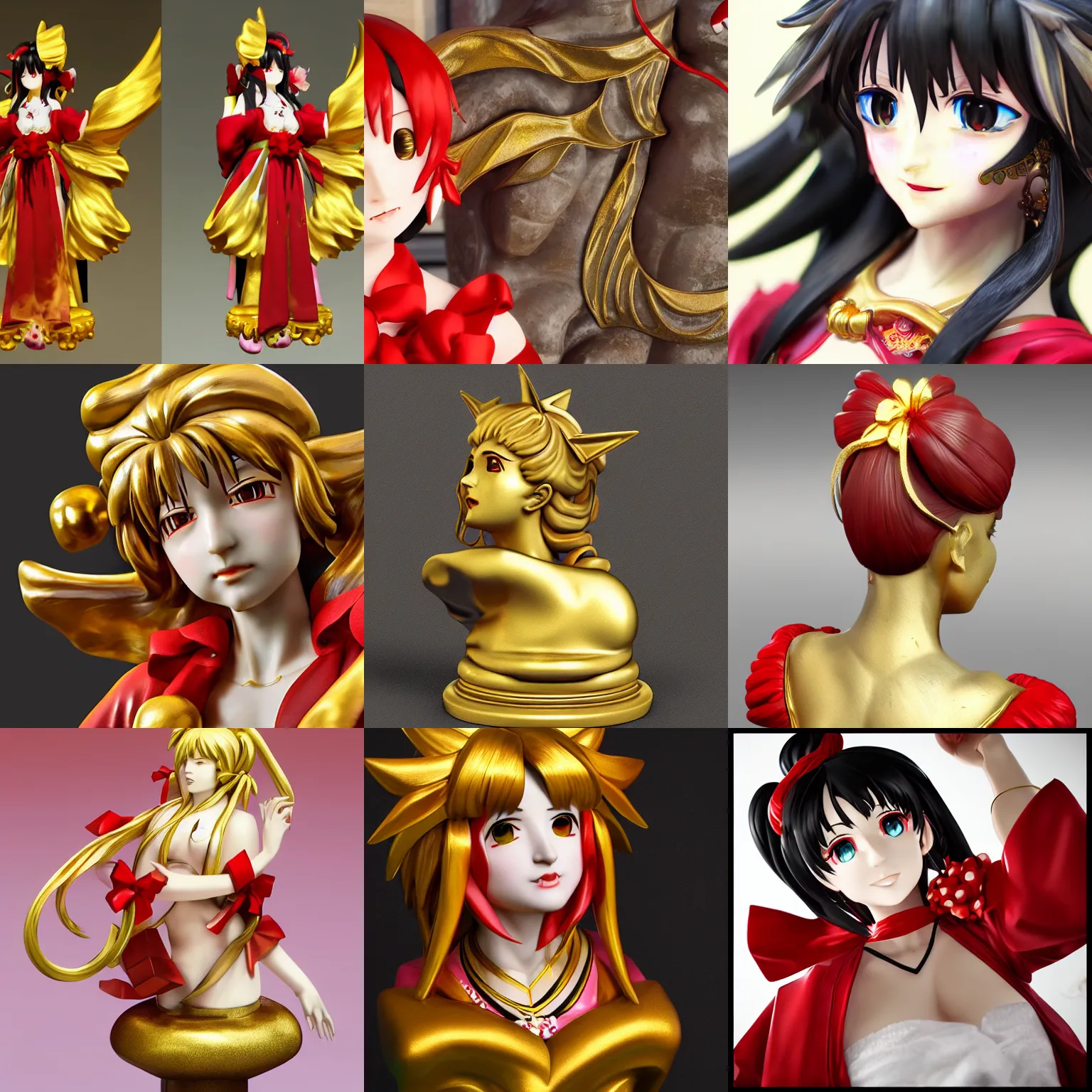 Prompt: reimu hakurei, gold marble sculpture, 4 k, 8 k, ultra realistic, hyperrealistic, extreme details, unreal engine 5