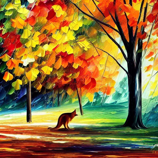 Image similar to tabby cat sitting under beautiful fall trees, detailed painting in the style of leonid afremov 4 k