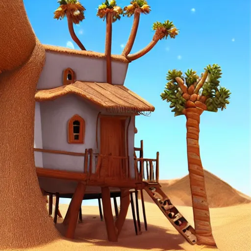 Image similar to Andalusian tree house in the desert, ladder, Pixar, sparkly