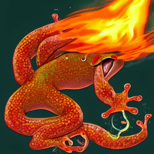 Image similar to cute salamander, fire om back, pet, mythical creature, digital art