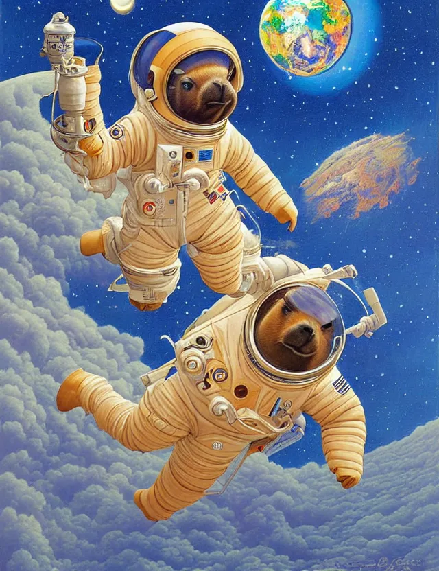 Image similar to beautiful detailed painting of a capybara astronaut in a spacesuit floating above earth by casey weldon by mark ryden by thomas blackshear