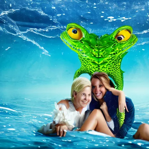 Image similar to Photostock of a soccermom happily married to a sea monster.