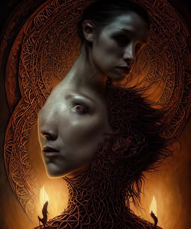 Image similar to epic professional digital art of the endless struggle between good and evil, horrific yet beautiful vibe, evocative, atmospheric lighting, painted, intricate, highly detailed, by leesha hannigan, wayne haag, reyna rochin, ignacio fernandez rios, mark ryden, iris van herpen, artstation, cgsociety, stunning, gorgeous, sharp focus, cinematic, masterpiece