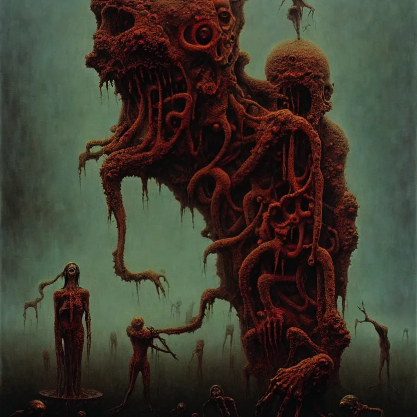 Prompt: a living nightmare due to rising fascism, cosmic horror, by zdzisław beksinski and greg rutkowski and esao andrews and salvador dali, oil on canvas, abstract, surreal, horror, dark, intricate textures, 3 5 mm, film shot