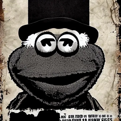 Prompt: a walking dead style poster of Kermit the frog, serious, black and white, dirtied with mud stains, looks like an old wild west wanted poster, realistic