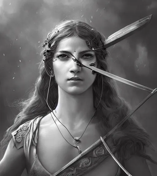 Image similar to beautiful young aphrodite goddess as an archer warrior, realistic face, beautiful eyes, black and white drawing, in the style of greg rutkowski, fantasy, amazing detail, epic, intricate, elegant, smooth, sharp focus