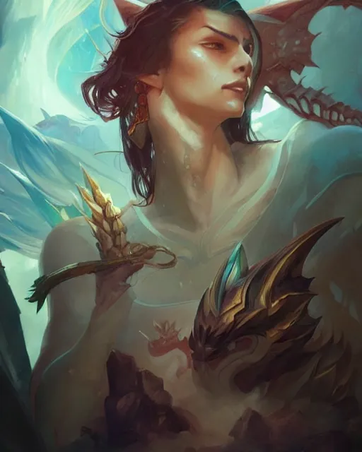 Prompt: '' Portrait of Half-Dragon character, league of legends, LOL, fantasy, d&d, digital painting, artstation, concept art, sharp focus, illustration, art by greg rutkowski and alphonse mucha ''